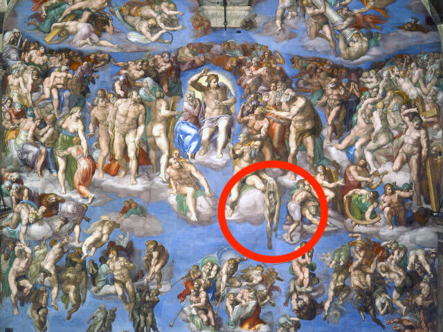 システィーナ礼拝堂のフレスコ画に描かれているミケランジェロの自画像